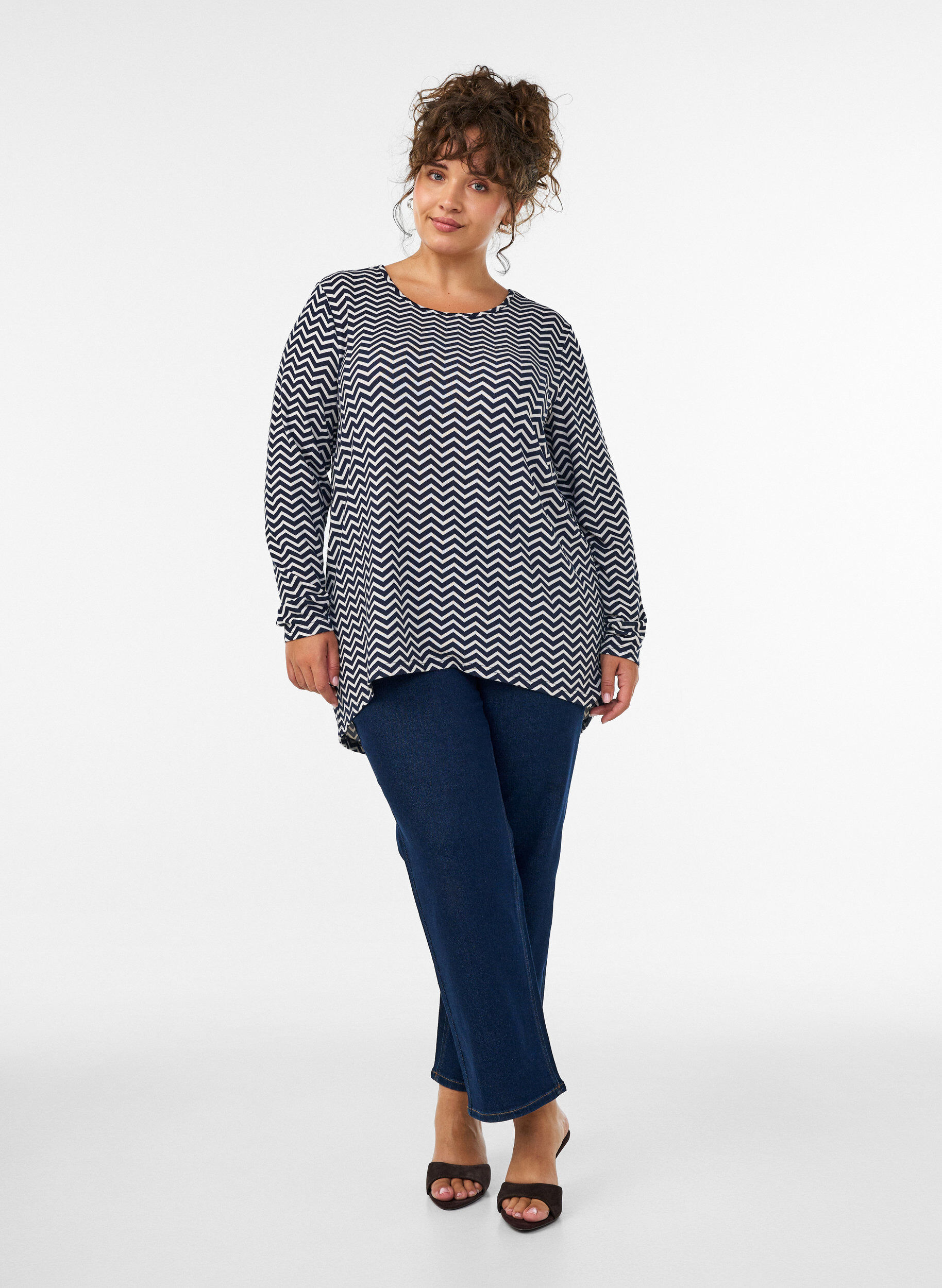 ZizziGemusterte Bluse mit langen &Auml;rmeln, Blau, Model image number 1