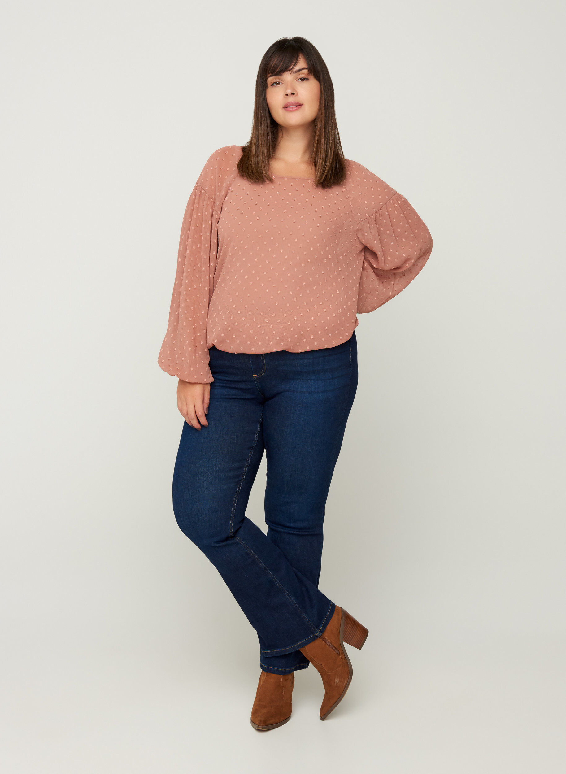 Zizzi Gesmockte Langarm Bluse mit Mesh, Burlwood, Model image number 3