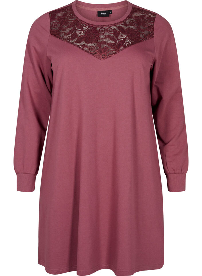 Kurzes Sweatkleid mit Spitzendetail, Rose Brown, Packshot image number 0