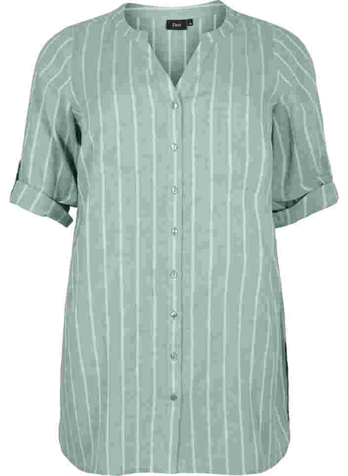 Gestreiftes Shirt mit V-Ausschnitt, Balsam Green Stripe, Packshot image number 0