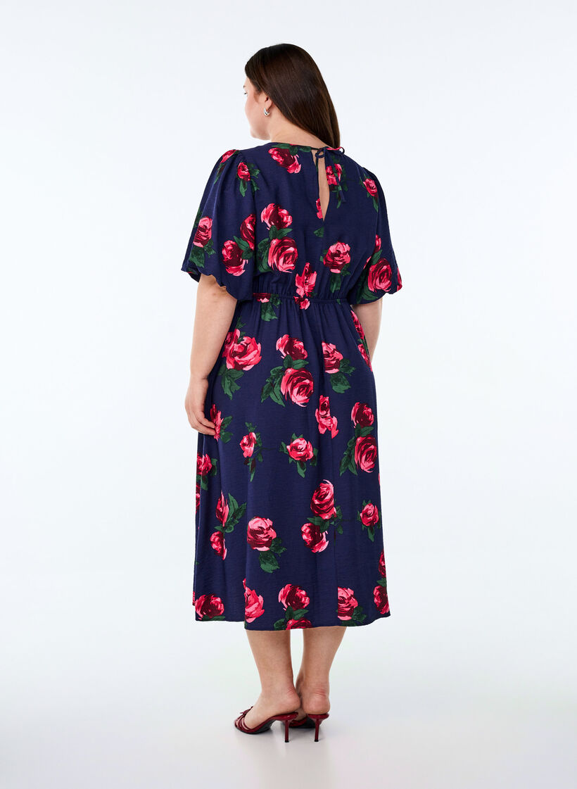 Midikleid mit Rosenprint und kurzen Ballonärmeln, Blau, Model image number 2
