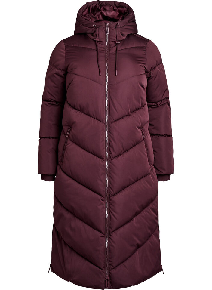 Langer Puffermantel mit Kapuze und Taschen, Dunkles Bordeaux, Packshot image number 0