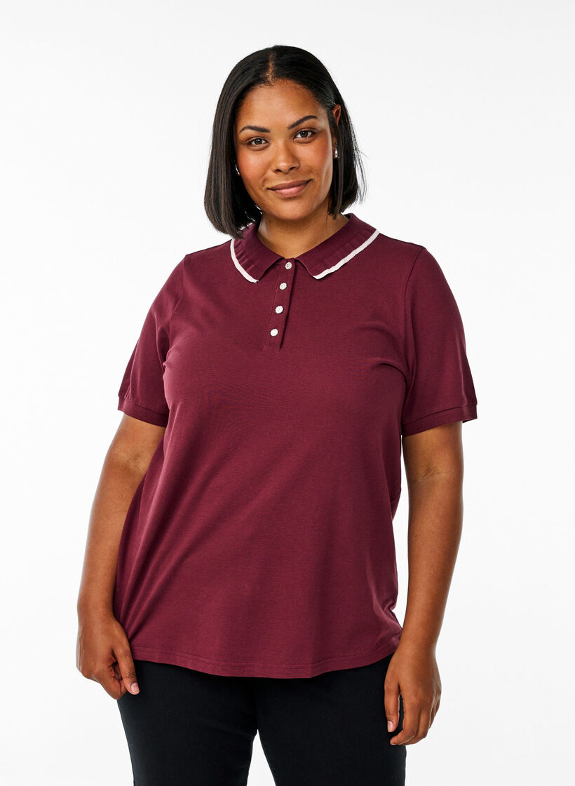 Poloshirt mit Strasssteinen und Rüschendetails, Rot, Model image number 0
