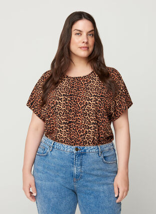 Blusenshirt mit kurzen Ärmeln, Leopard AOP, Model image number 0