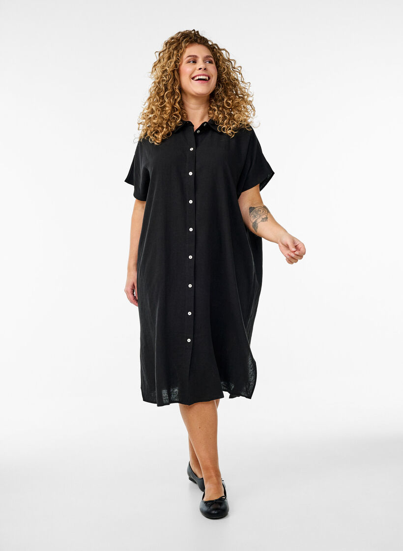 Lange Bluse aus Viskose und Leinen, Schwarz, Model image number 0