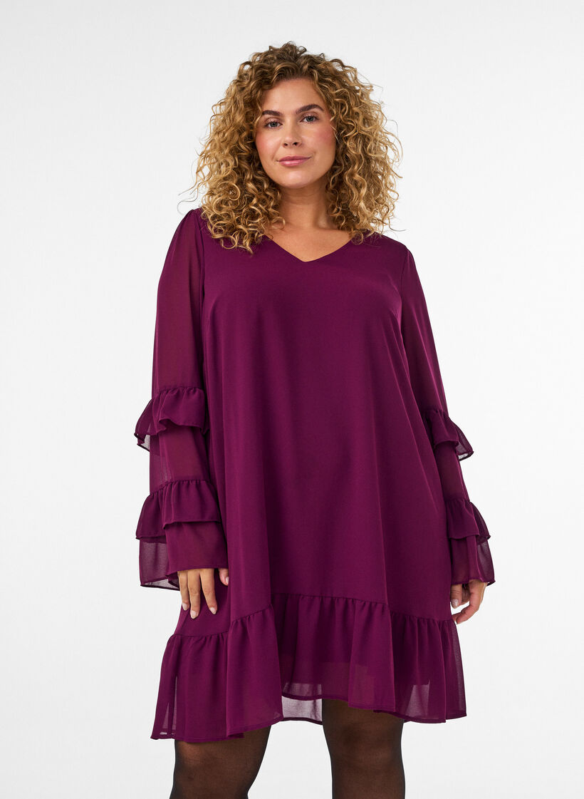 Kurzes Kleid mit transparenten R&uuml;schen&auml;rmeln, Lila, Model image number 0