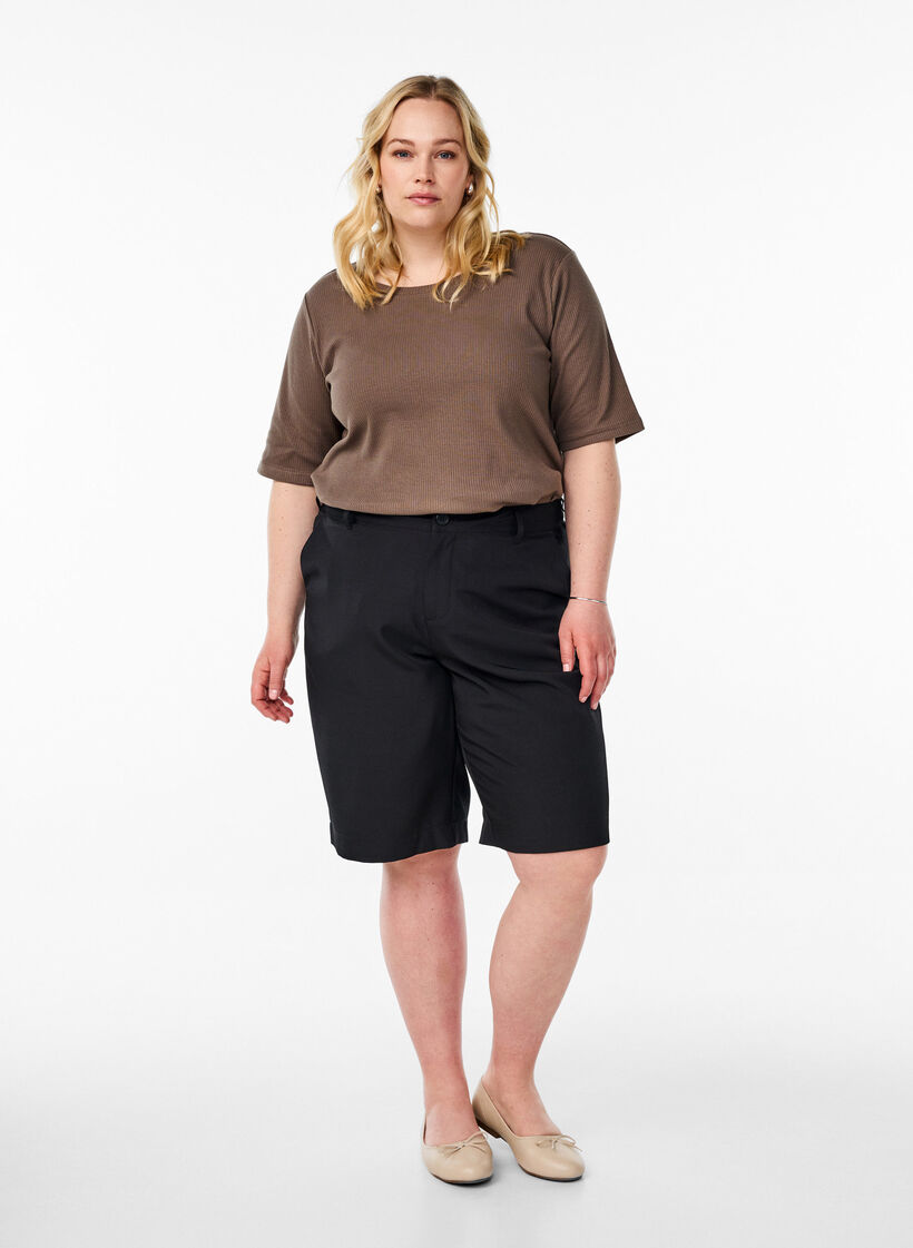 Bluse aus geripptem Jersey mit kurzen &Auml;rmeln, Braun, Model image number 1