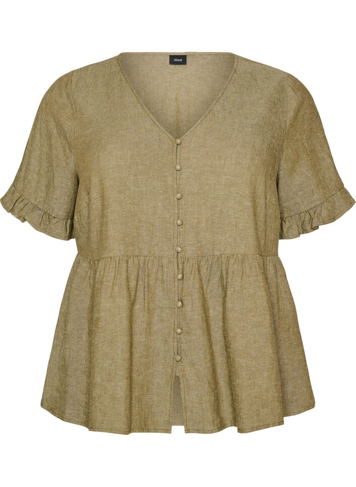Bluse aus Leinen und Viskose mit V-Ausschnitt und Knopfverschluss, Gr&uuml;n, Packshot image number 0