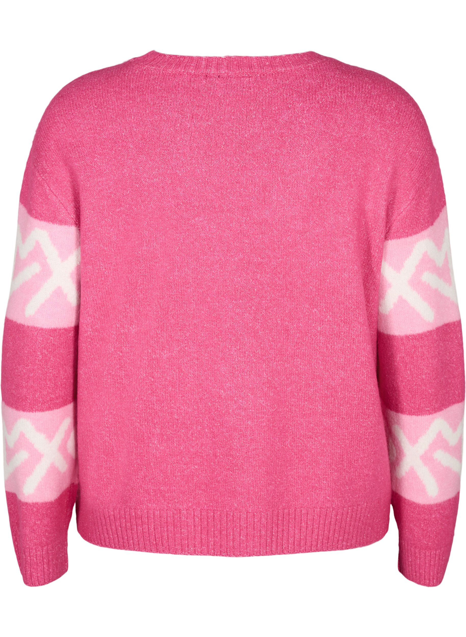 Zizzi Gestreifter Strickpullover mit grafischem Muster, Raspberry Rose Comb, Packshot image number 1