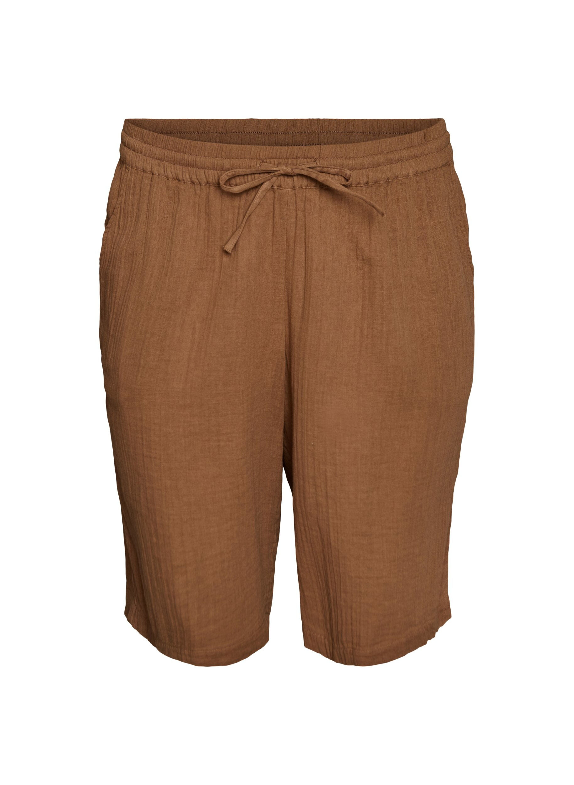 Zizzi Lockere Shorts aus Baumwollmusselin mit hoher Taille, Braun, Packshot image number 0