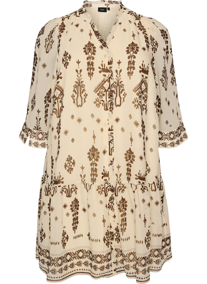 Kleid mit Ornament-Print und R&uuml;schenkragen, Beige, Packshot image number 0
