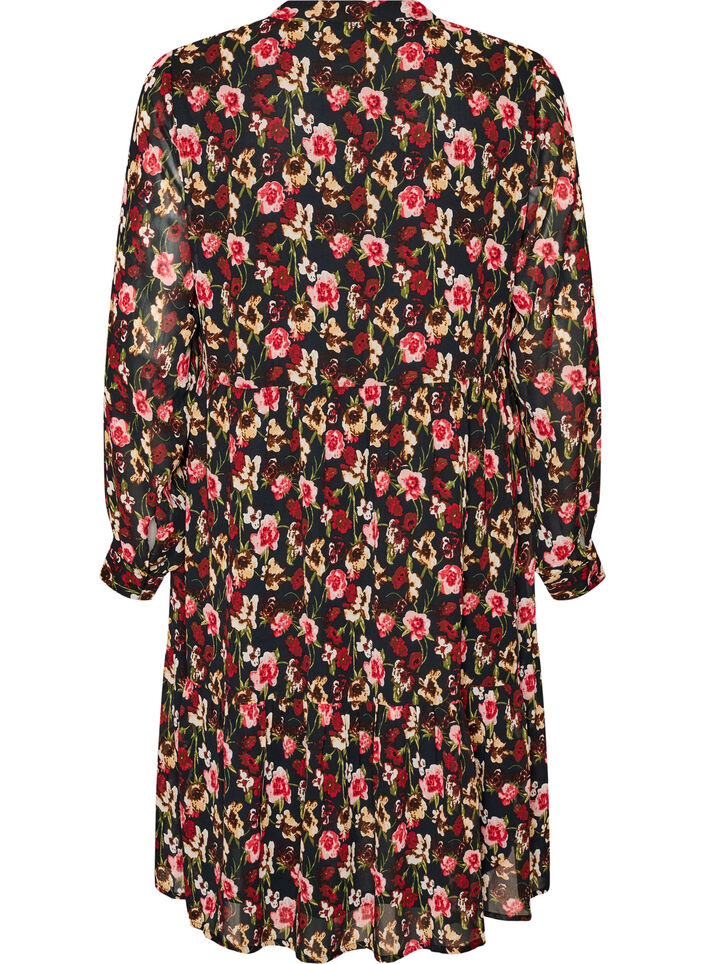 Kleid mit Allover-Muster und einer Volantlage, Schwarz, Packshot image number 1