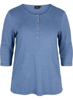 Einfarbige Bluse mit Knöpfen und 3/4-Ärmel, Blue Melange, Packshot image number 0