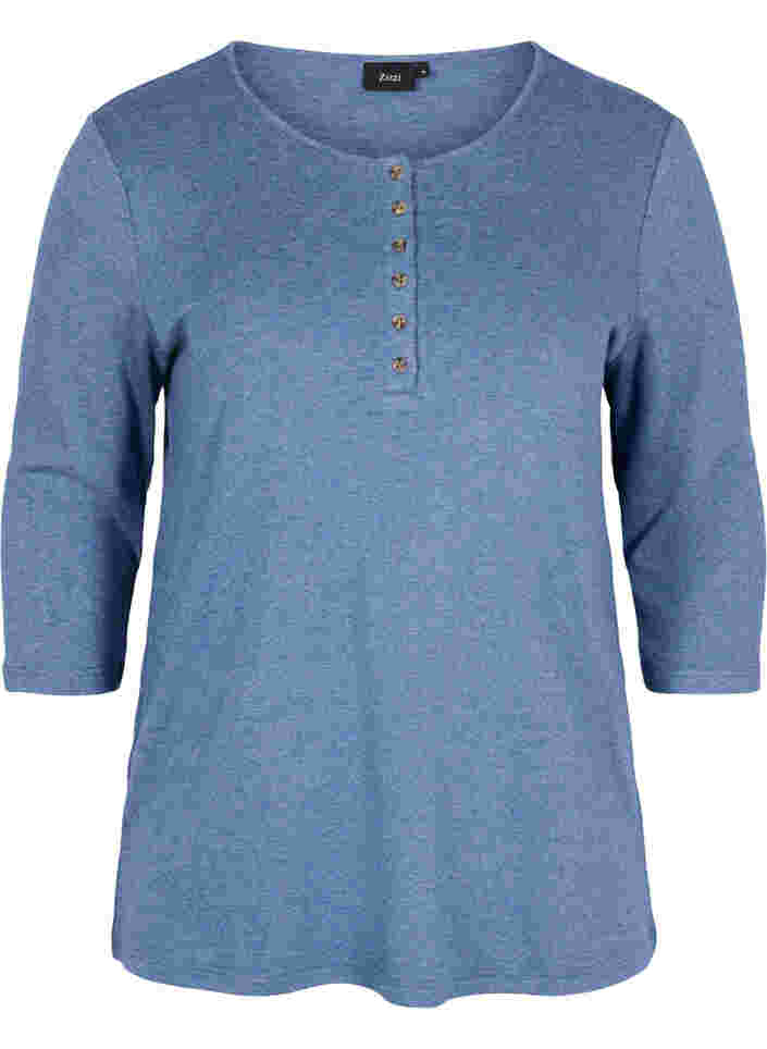 Einfarbige Bluse mit Knöpfen und 3/4-Ärmel, Blue Melange, Packshot image number 0