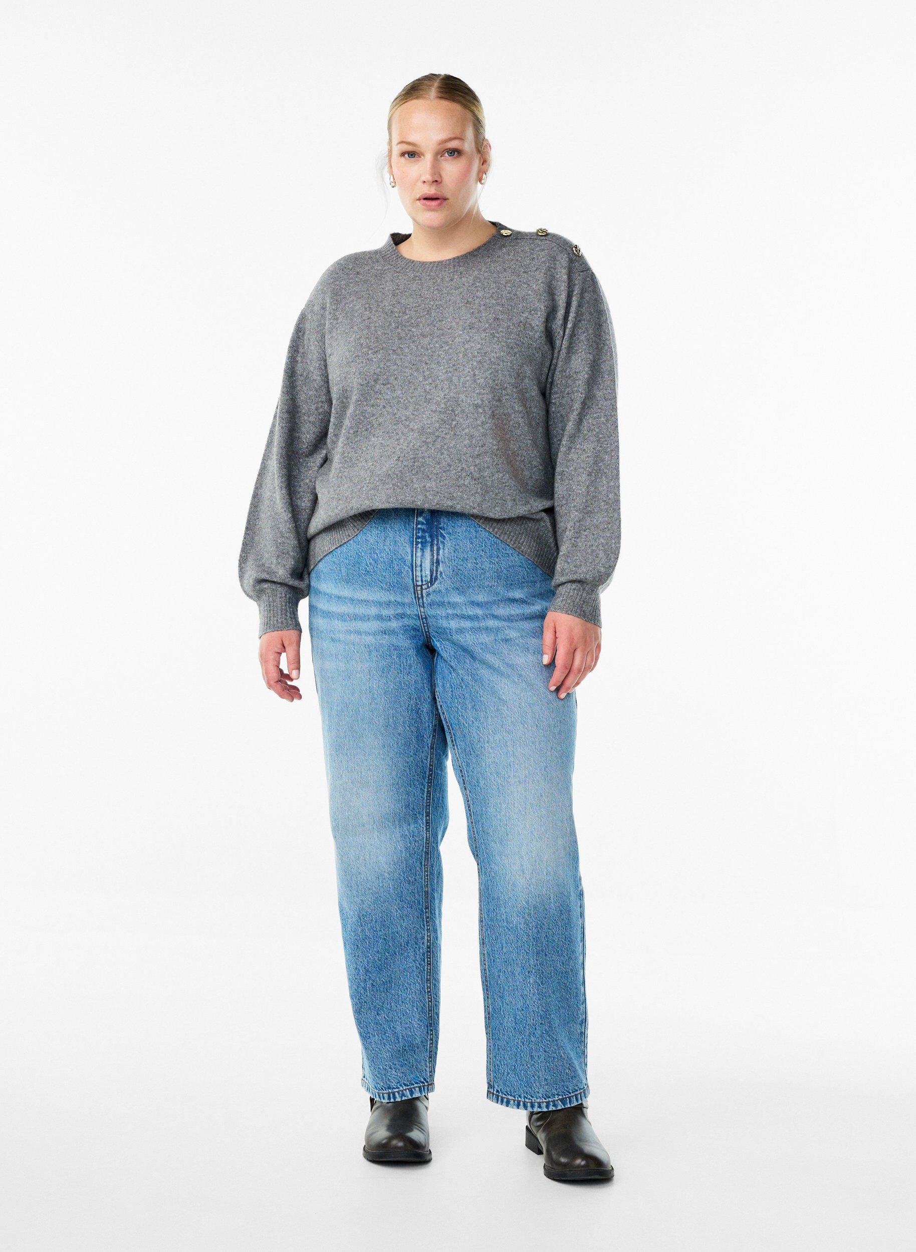 Zizzi Strickbluse mit Knopfleiste, Grau, Model image number 1