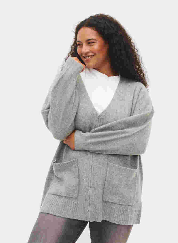 Langer Strick-Cardigan mit Reißverschluss und Taschen, Medium Grey Melange, Model