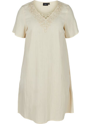 Kurzarm Kleid aus Baumwolle mit Stickerei, Beige As Sample, Packshot image number 0