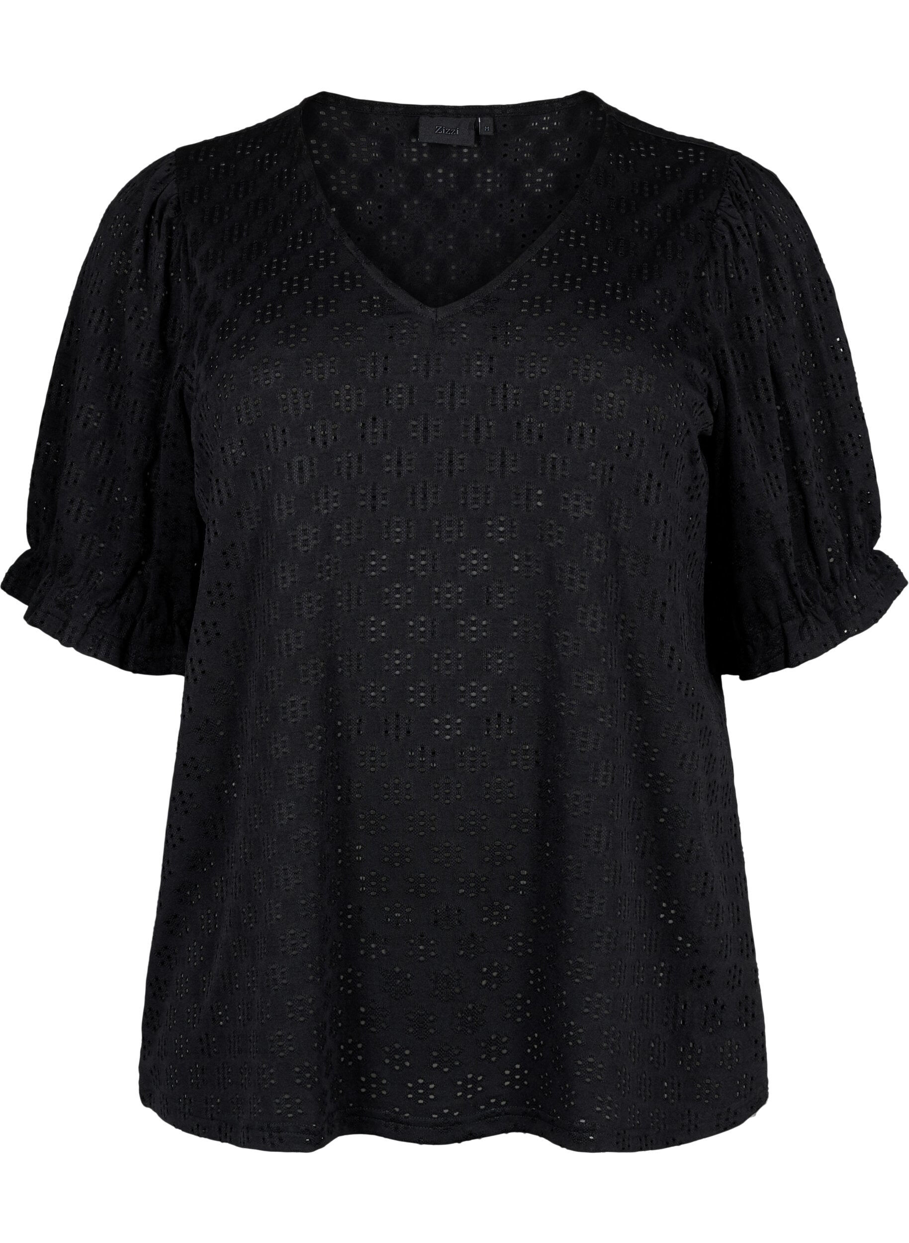 Zizzi Bluse mit V-Ausschnitt und Lochmuster, Black, Packshot image number 0
