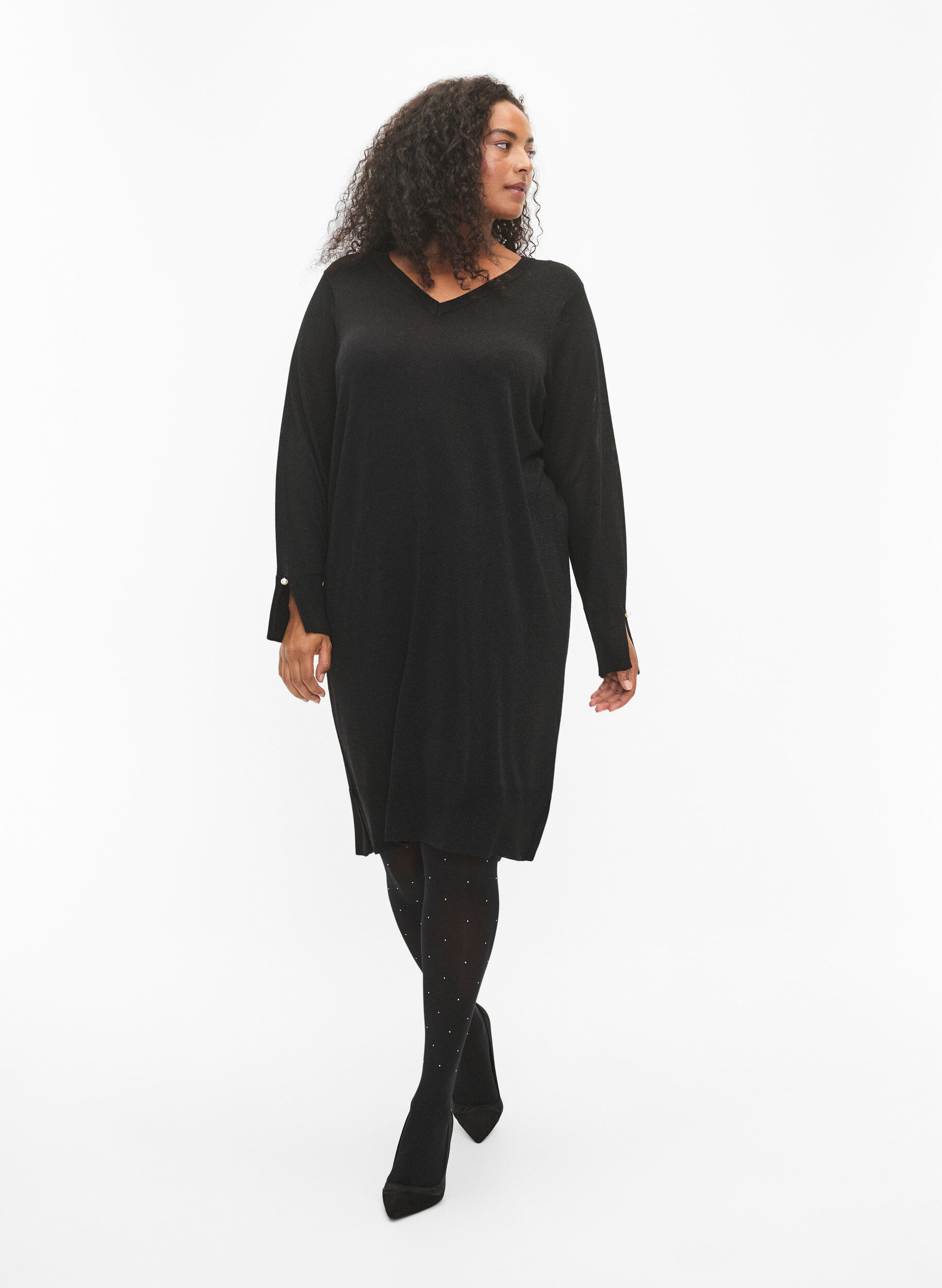 Zizzi Strickkleid aus Viskose mit Glitzereffekt und Schlitzen, Black w. DTM Lurex, Model image number 3