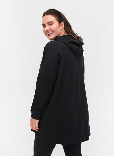 Sweatshirt aus Baumwolle mit Kapuze und High-Low-Effekt, Black, Model image number 1