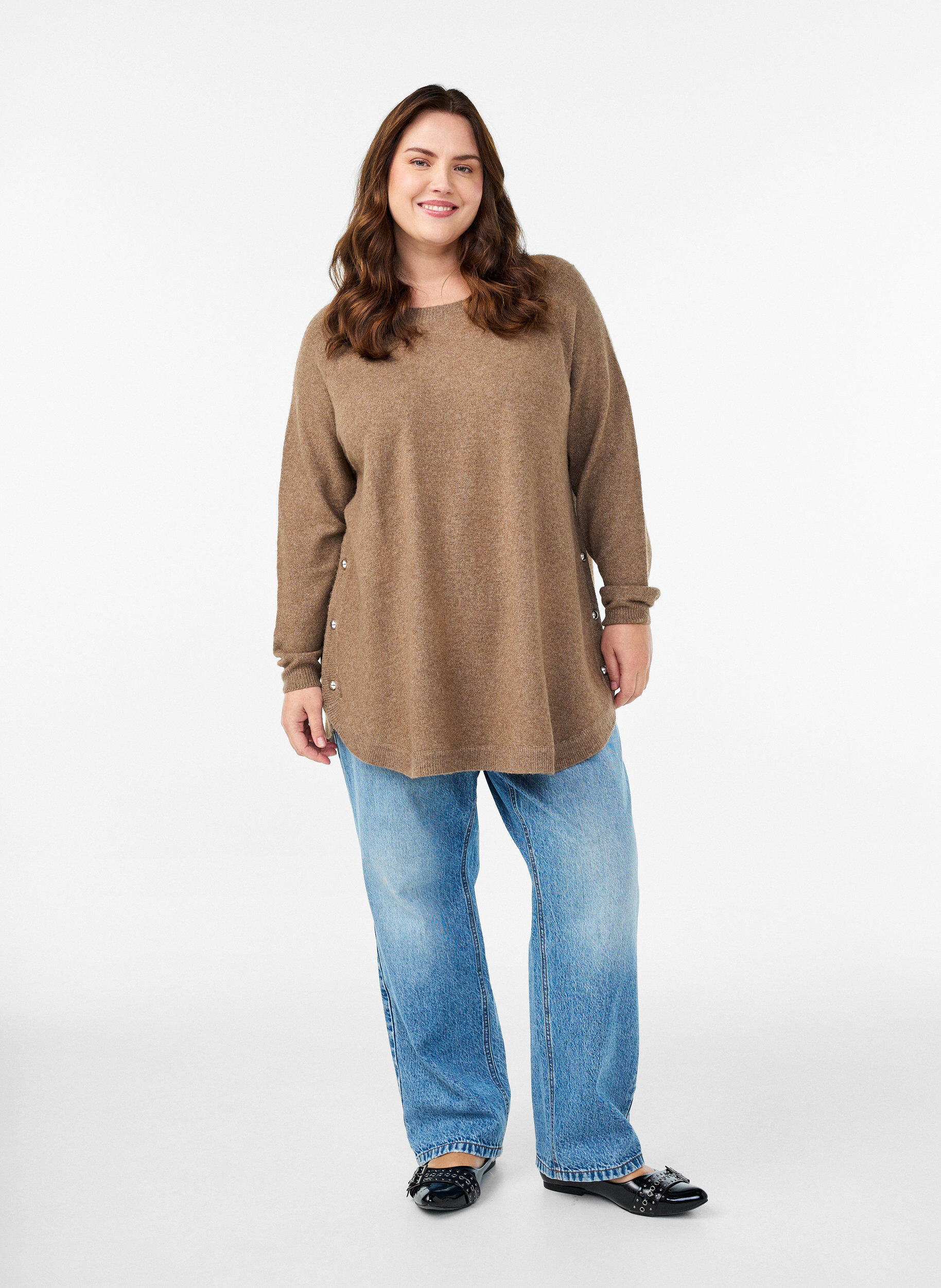 ZizziLange Strickbluse mit Kugelkn&ouml;pfen, Braun, Model image number 1
