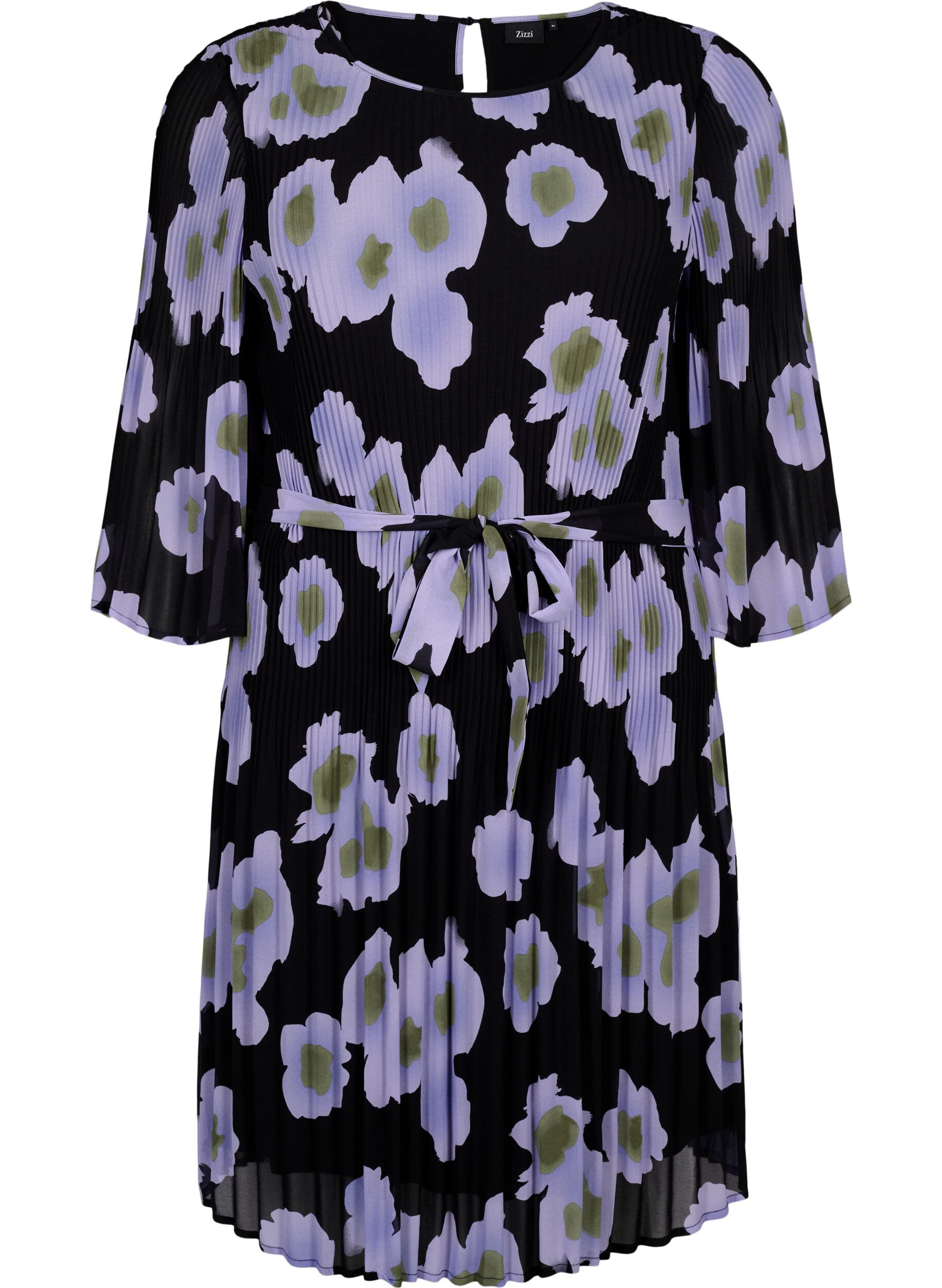 Zizzi Plisseekleid mit Bindeband und Print, Black w. Floral, Packshot image number 0