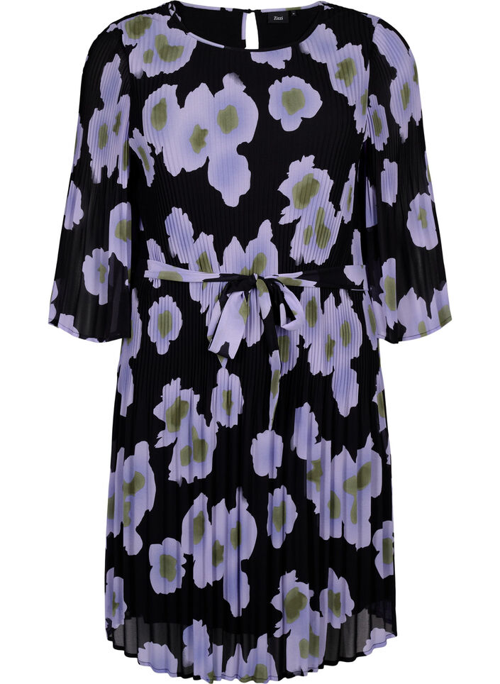 Plisseekleid mit Bindeband und Print, Black w. Floral, Packshot image number 0