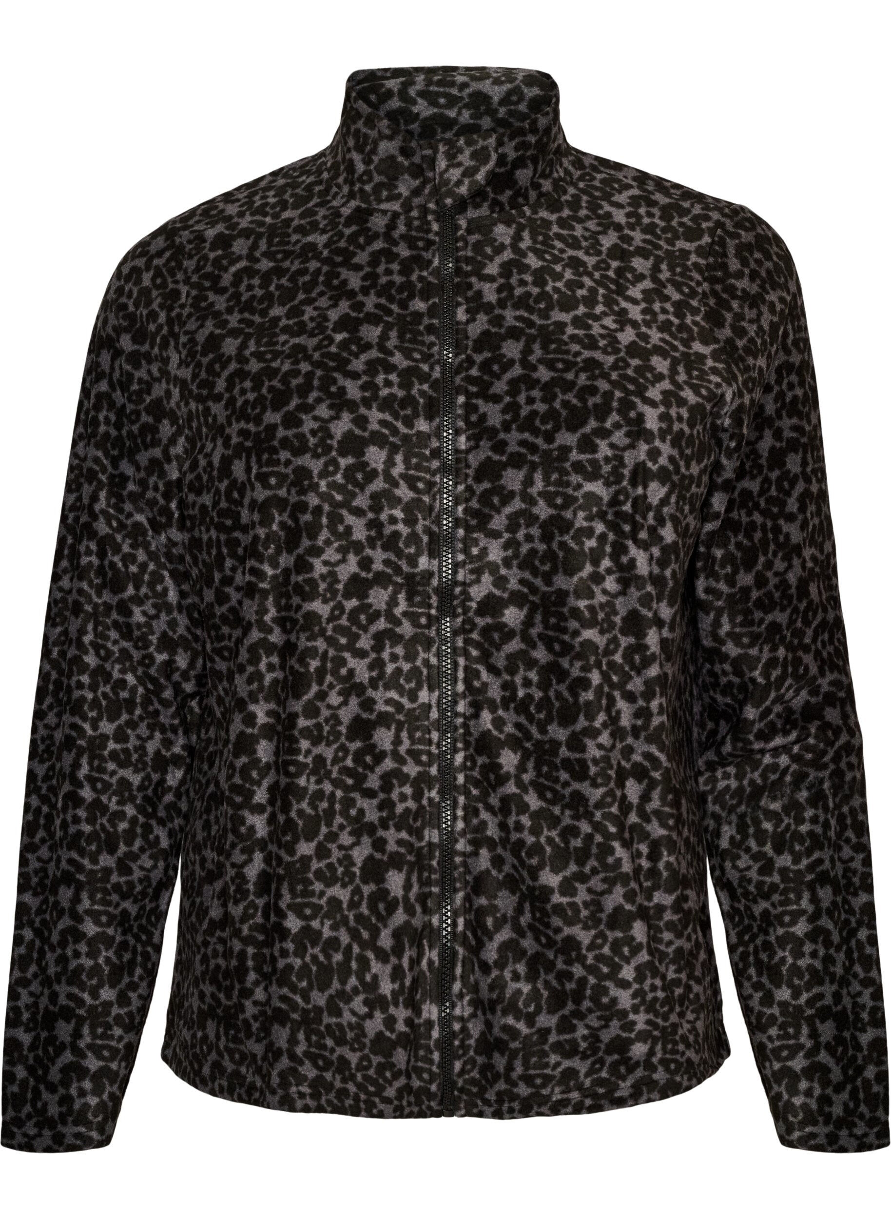 ZizziFleecejacke mit Leopardenmuster und hohem Kragen, Schwarz, Packshot image number 0