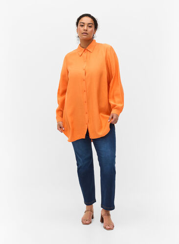 Lange Hemdbluse aus Viskose, Celosia Orange, Model image number 2