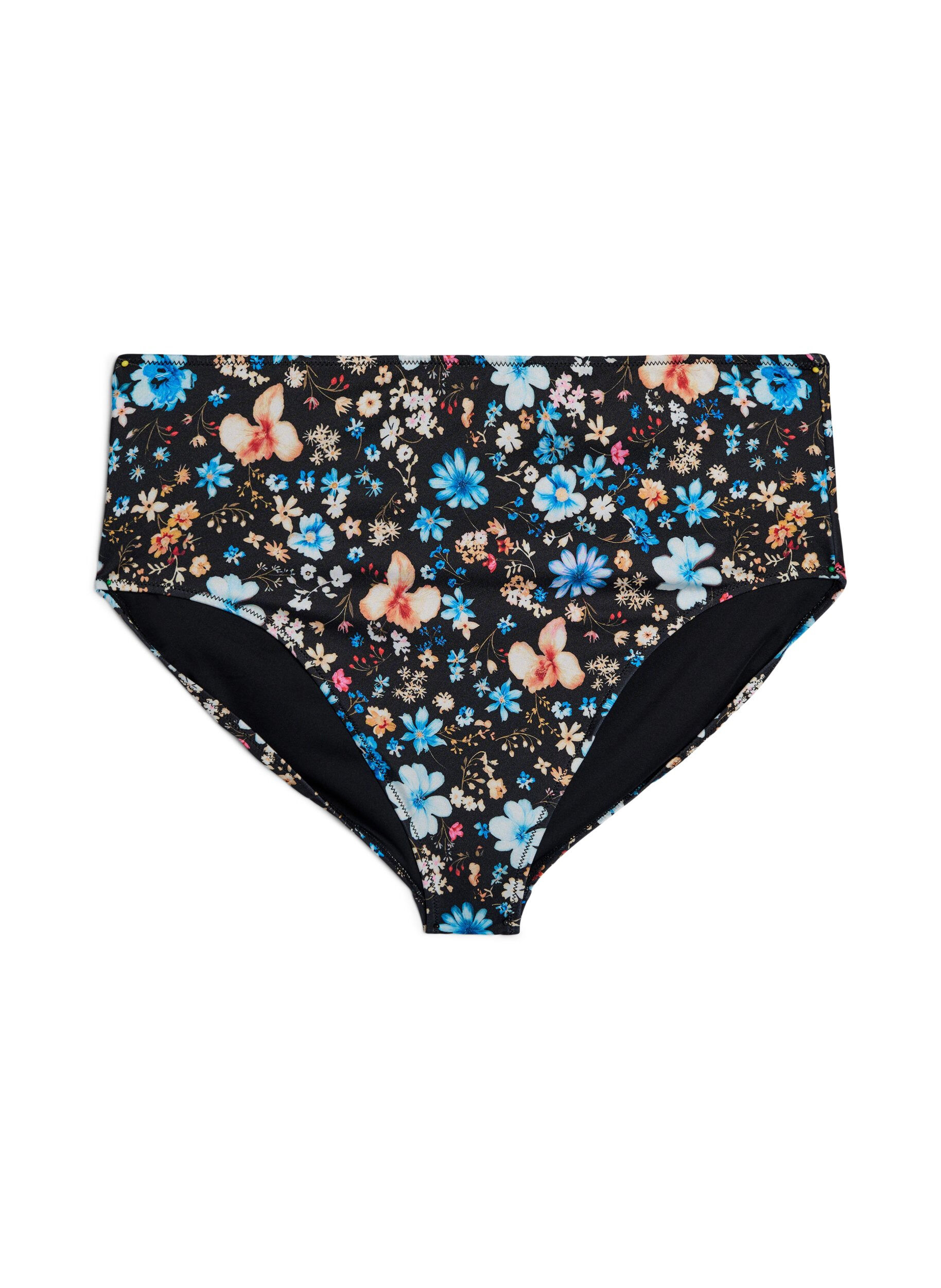 Zizzi Hoch taillierte Bikinihose mit floralem Muster, Blau, Packshot image number 0