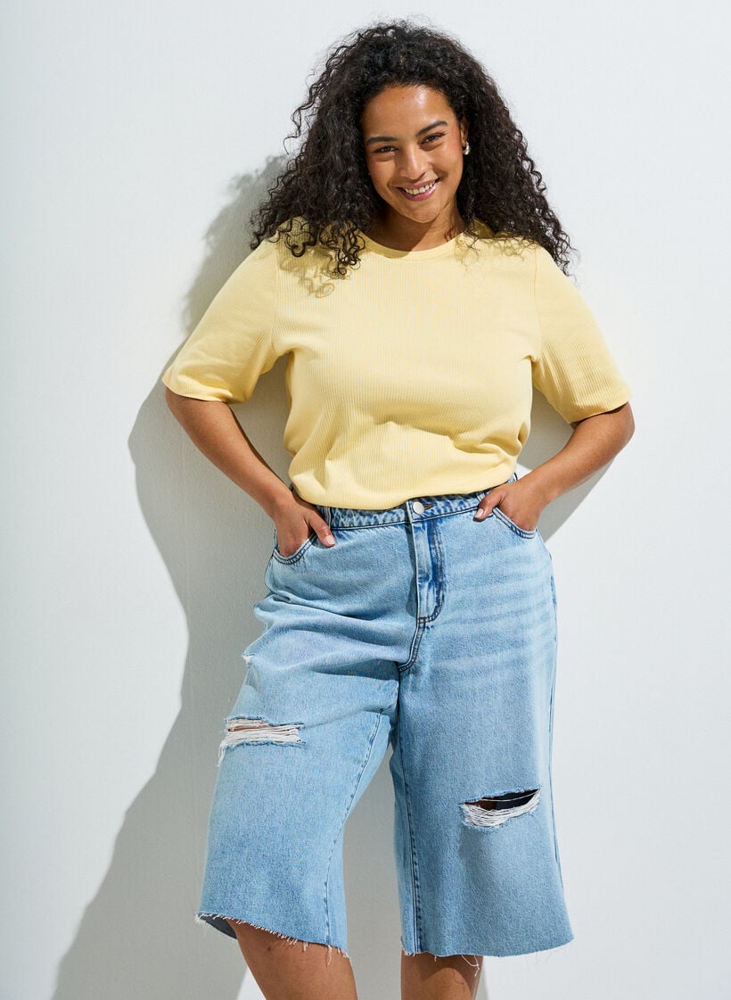 Bluse aus geripptem Jersey mit kurzen &Auml;rmeln, Gelb, Image image number 0