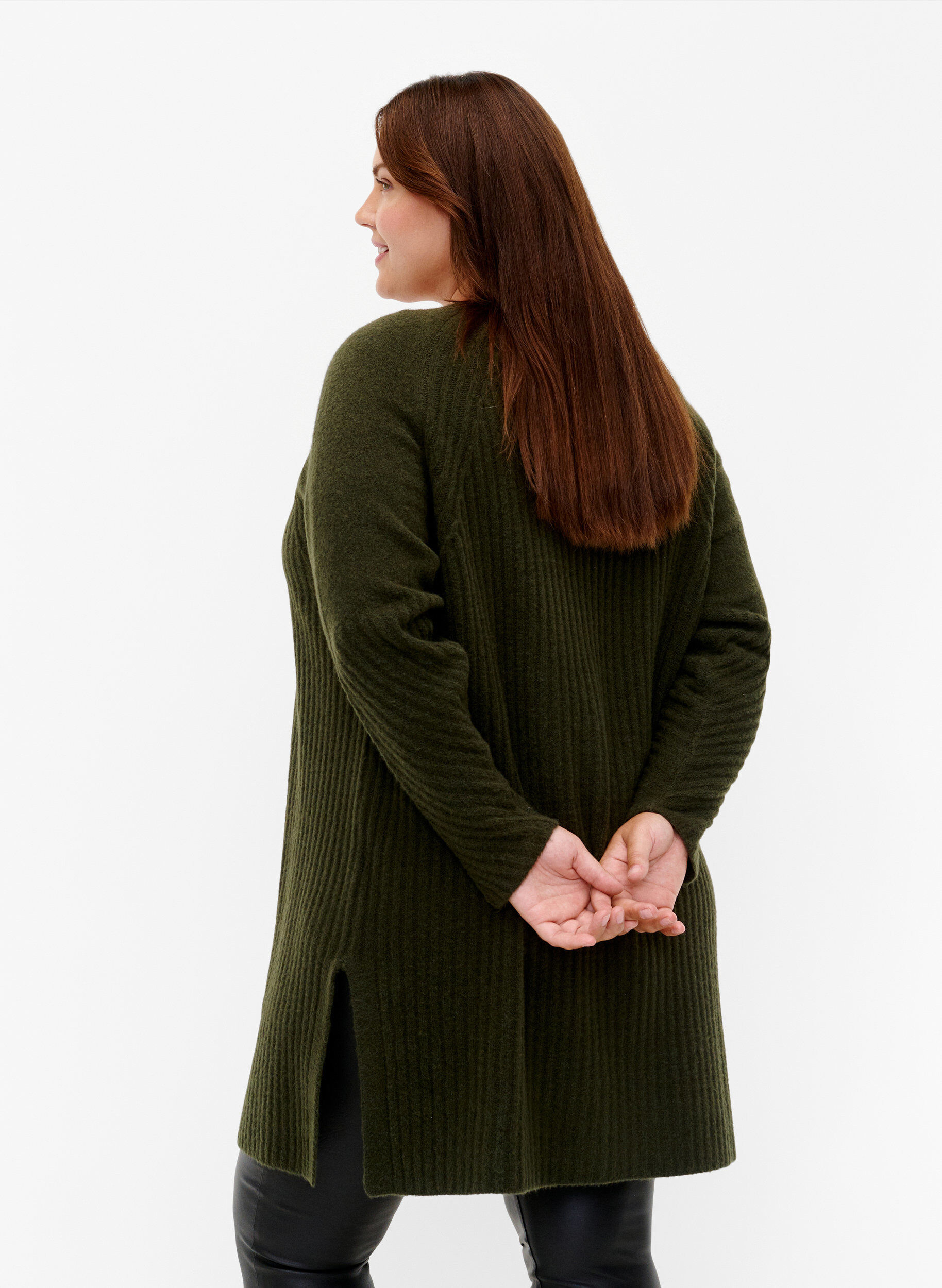 Zizzi Lange Strickjacke aus Rippenstrick, Forest Night Mel., Model image number 1