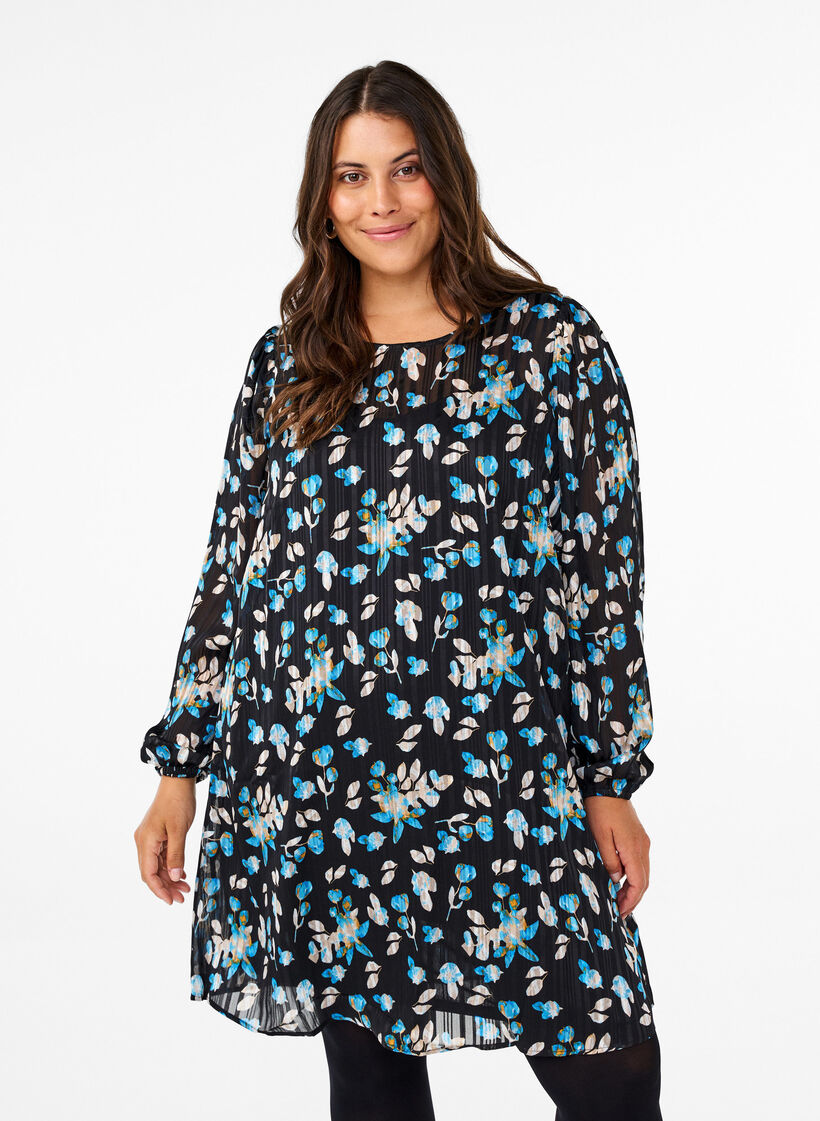 Kurzkleid mit Print und Rundhalsausschnitt, Black Blue Fl. AOP, Model image number 0