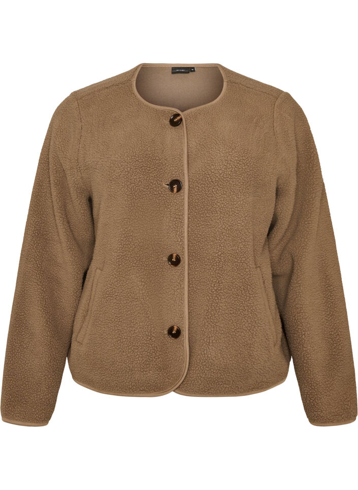 Teddyjacke mit Rundhalsausschnitt und Kn&ouml;pfen, Braun, Packshot image number 0