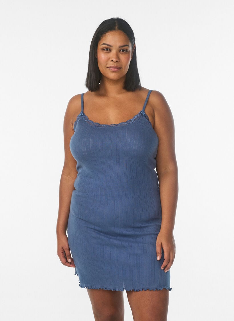 Nachthemd mit d&uuml;nnen Tr&auml;gern und Strukturmuster, Blau, Model image number 0