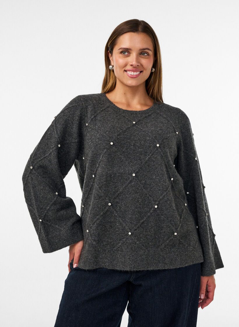 Bluse aus Strick mit Strasssteinen und Rautenmuster, Grau, Model image number 0