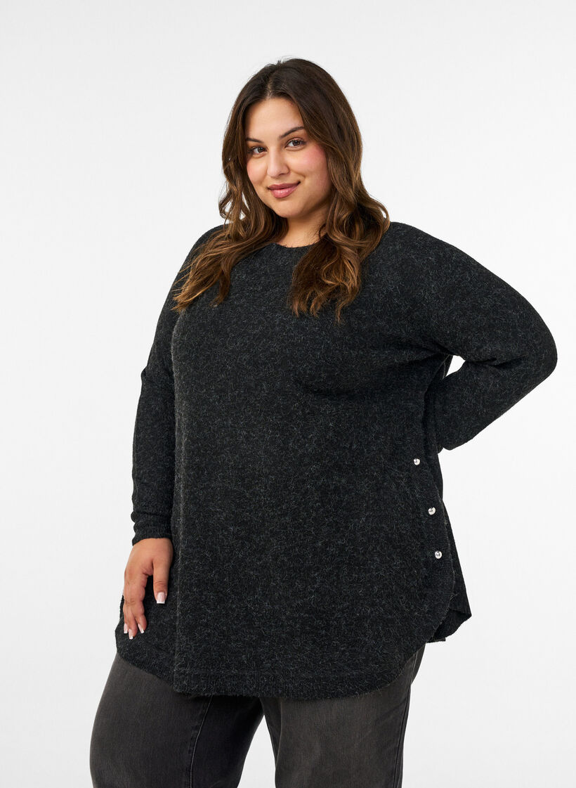 Lange Strickbluse mit Kugelkn&ouml;pfen, Grau, Model image number 0