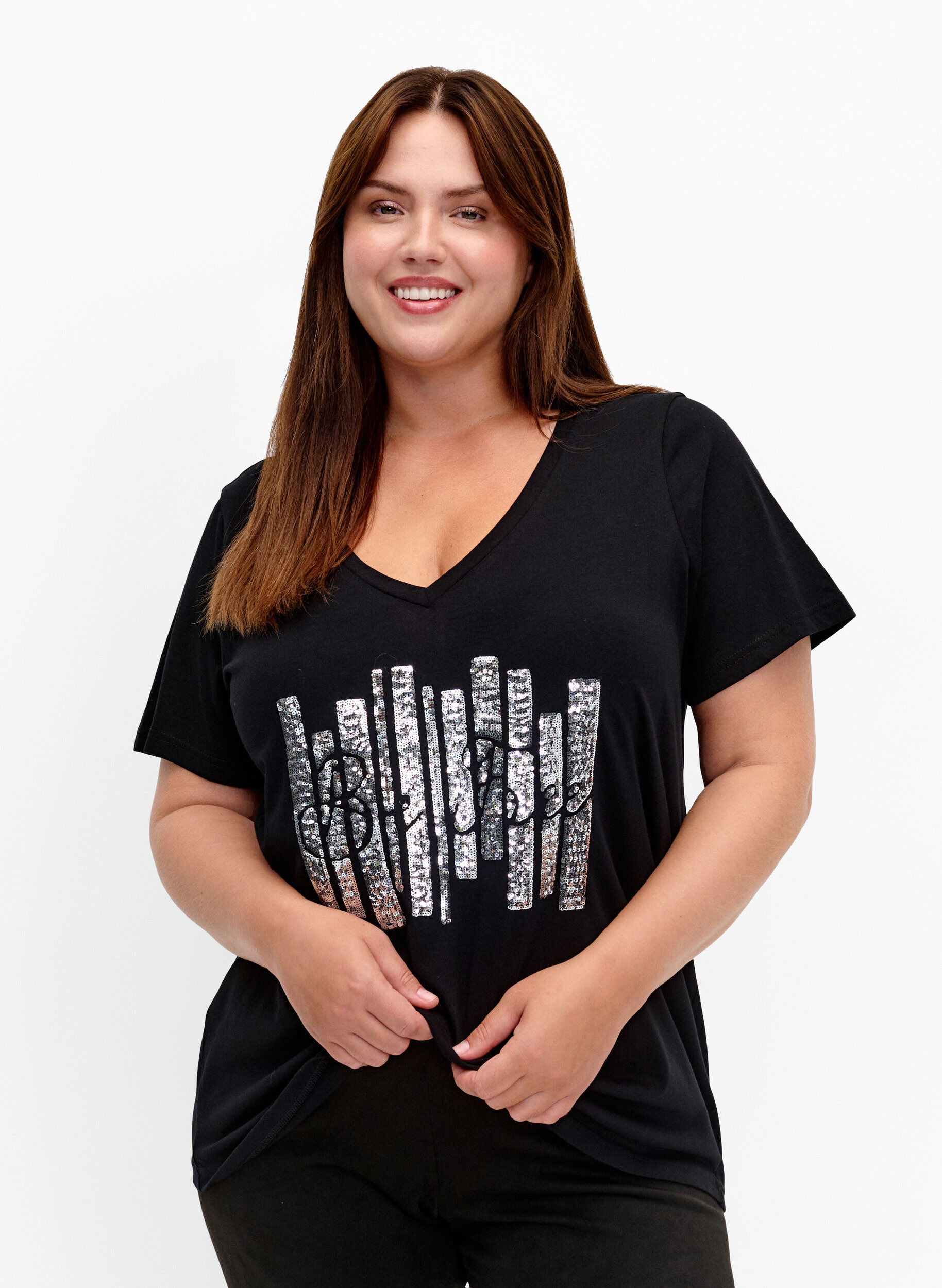 Zizzi Baumwoll-T-Shirt mit Pailletten, Black W. Be free, Model image number 0