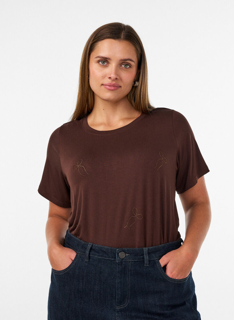 T-Shirt aus Viskose mit Strasssteinen, Braun, Model image number 0
