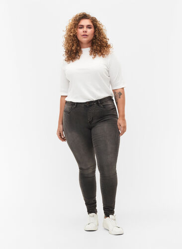 Super Slim Amy Jeans mit hoher Taille, Dark Grey Denim, Model image number 0
