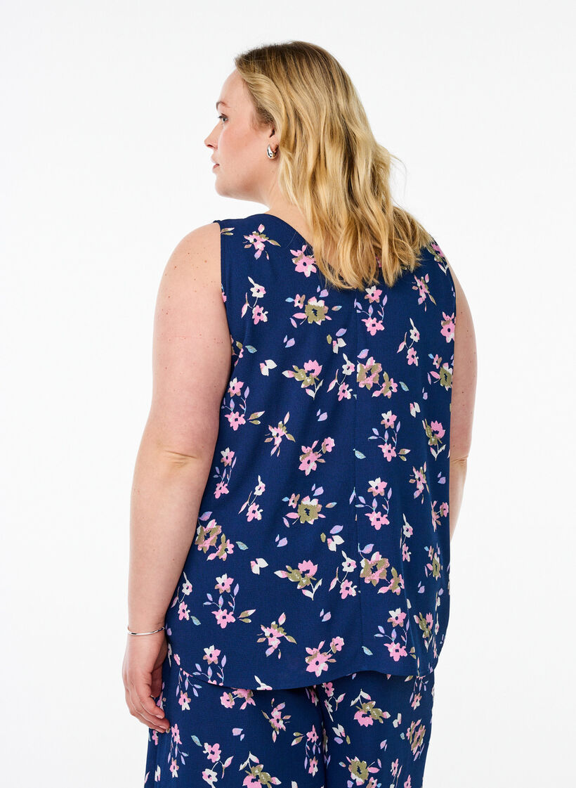 Bedrucktes Oberteil mit V-Ausschnitt, Blau, Model image number 2