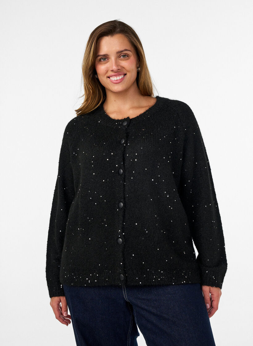 Cardigan mit Pailletten und Kn&ouml;pfen, Schwarz, Model image number 0