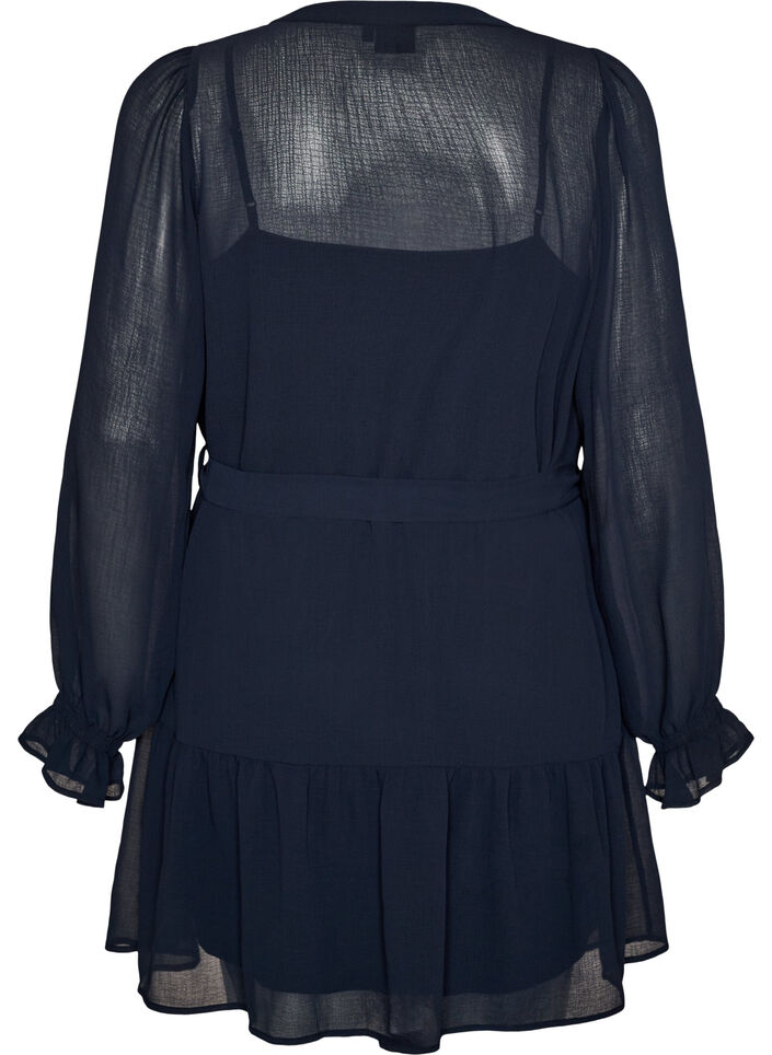 Kurzes Kleid mit R&uuml;schendetails und Bindeg&uuml;rtel, Blau, Packshot image number 1