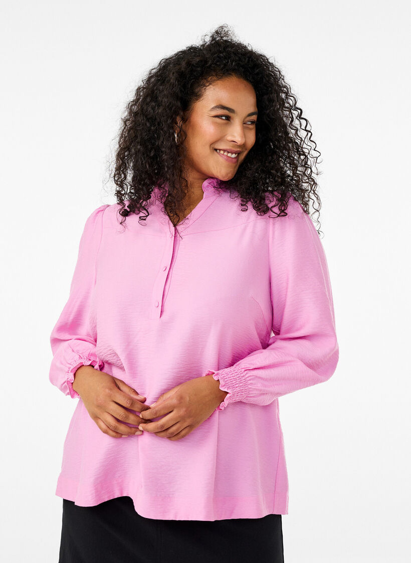 Bluse mit Rüschenkragen, Pink, Model image number 0