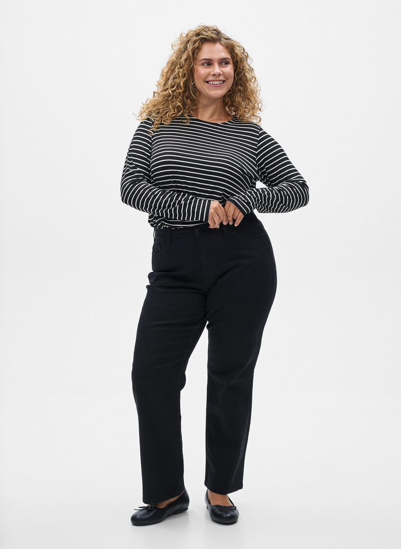 Gestreifte Langarmbluse, Schwarz, Model image number 1