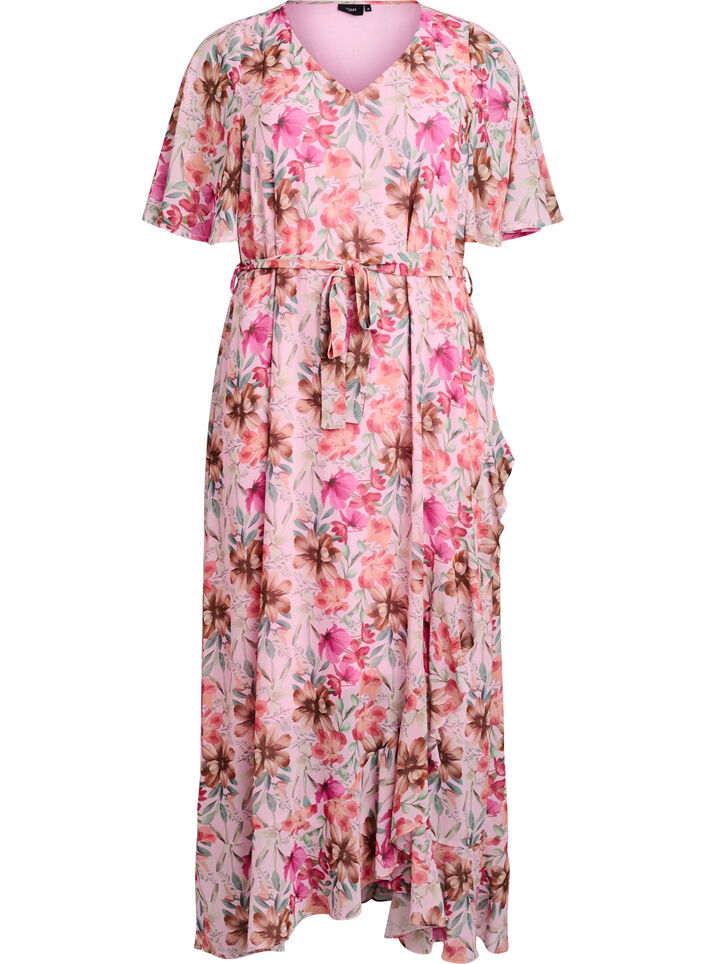 Maxikleid aus Chiffon mit V-Ausschnitt und R&uuml;schensaum, , Packshot image number 0