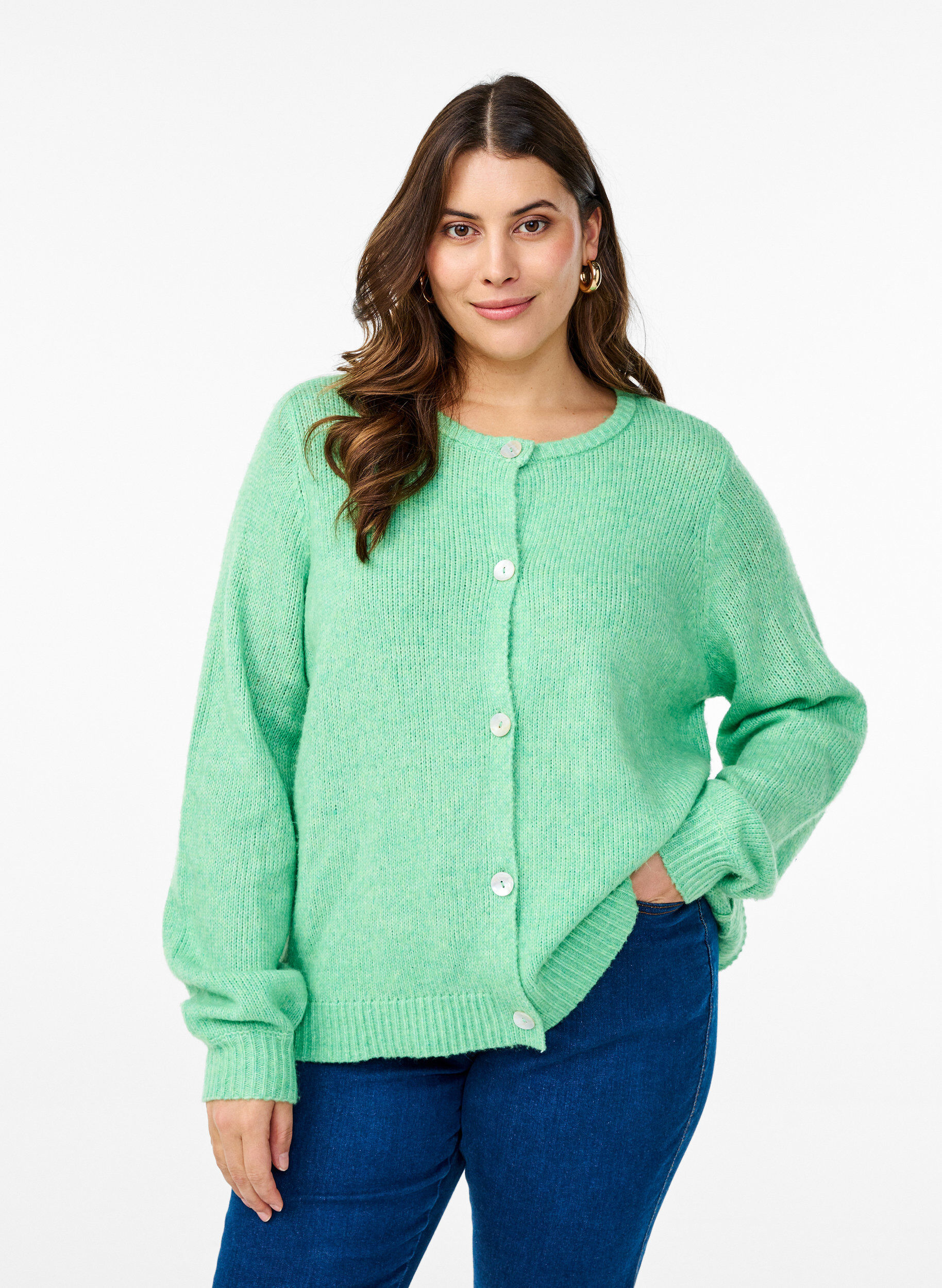 Zizzi Strickjacke mit Wolle und Kn&ouml;pfen, Light G. Green Mel., Model image number 0
