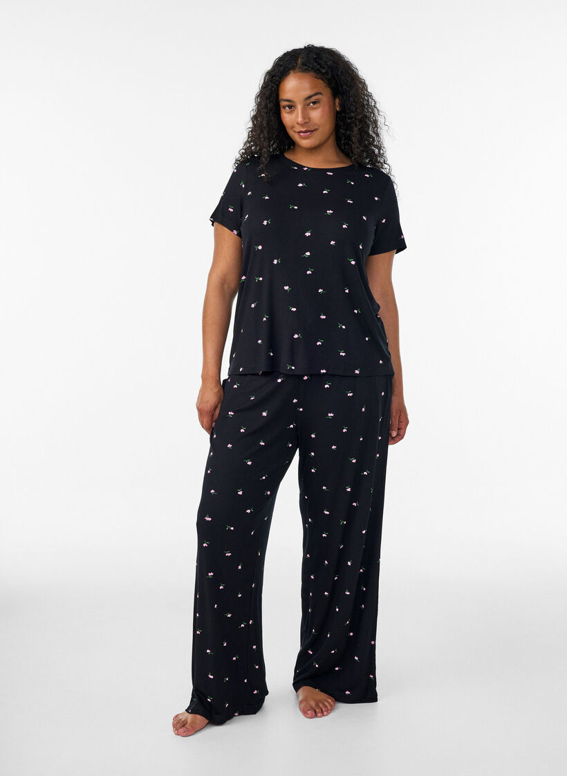 Pyjamahose mit Rippstruktur und gebl&uuml;mtem Print, Schwarz, Model image number 1