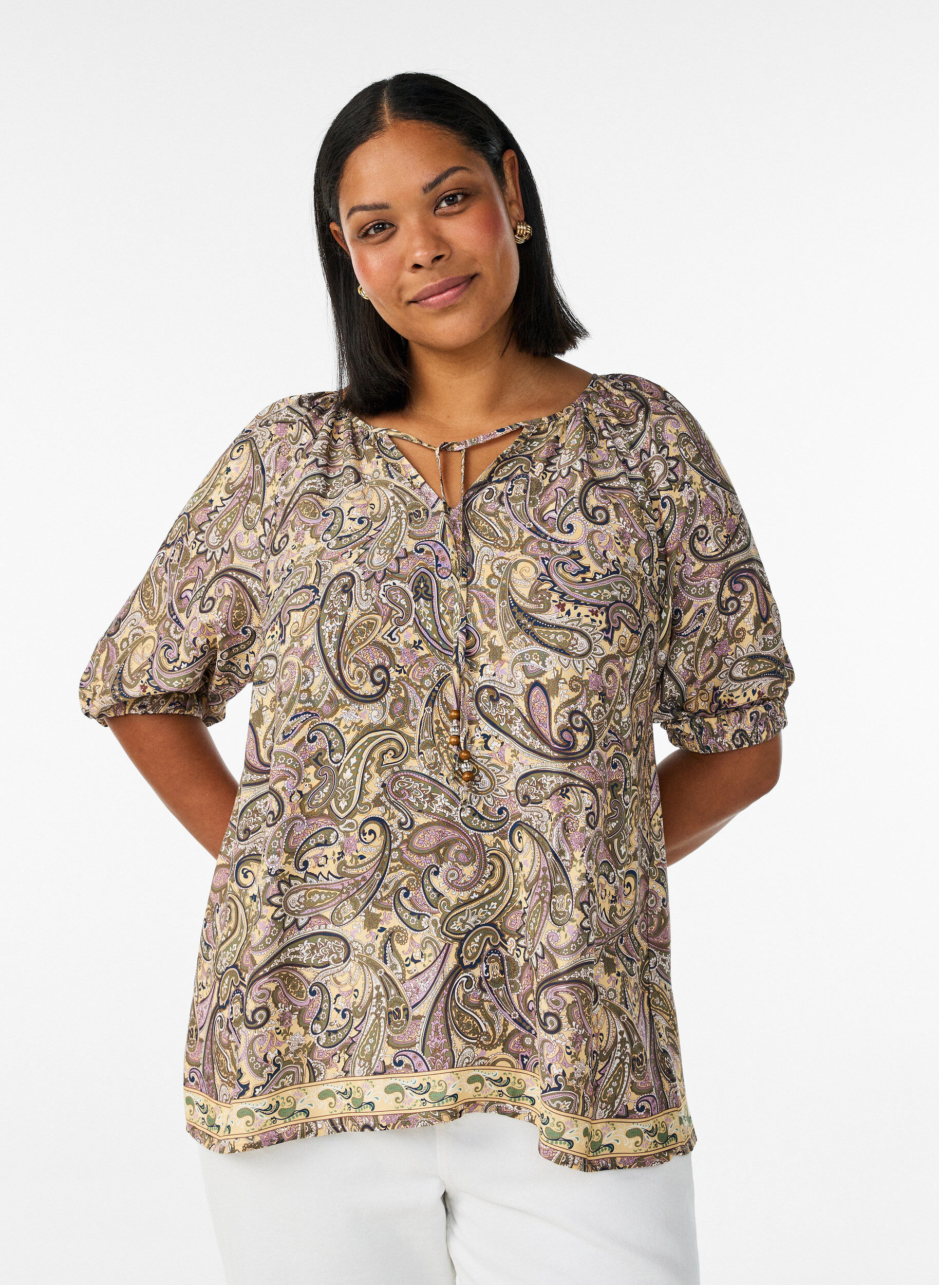 ZizziBluse aus Viskose mit Paisley-Muster und Bindeband, Gelb, Model image number 0