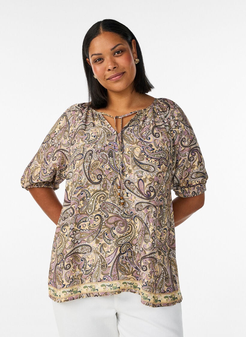 Bluse aus Viskose mit Paisley-Muster und Bindeband, Gelb, Model image number 0